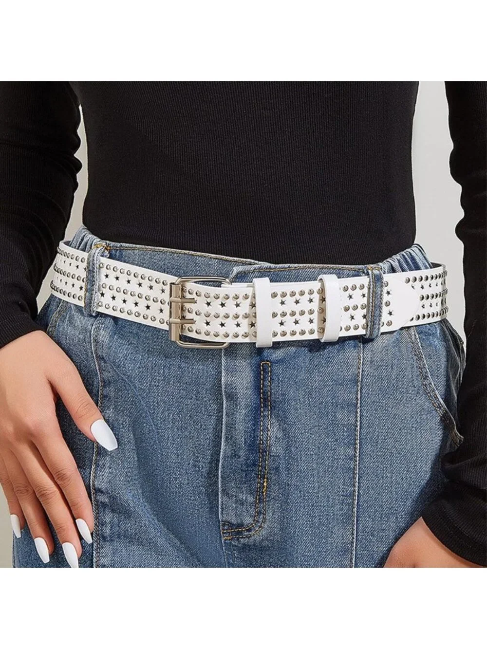 Double Grommet Leather Belt for Women & Men - Punk Studded Y2K Style Jeans